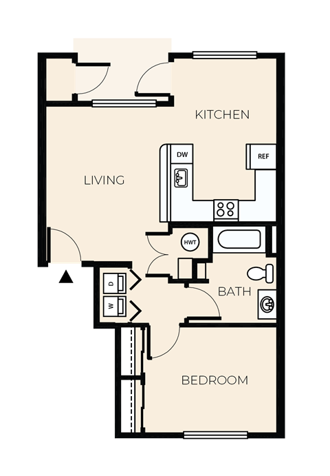 Floor plan for 1 bed, 1 bath, 652 sqft